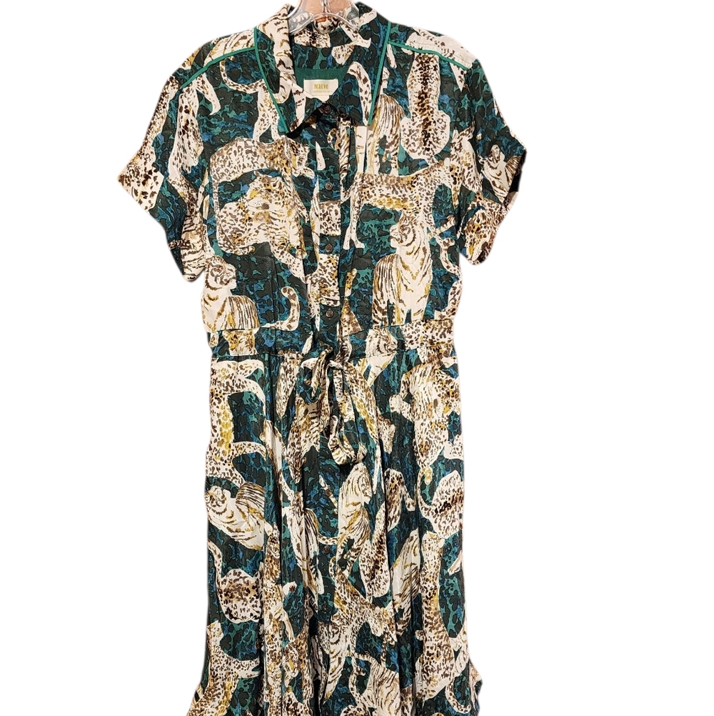 Maeve Teal and White Animal-Print Shirt Dress Medium